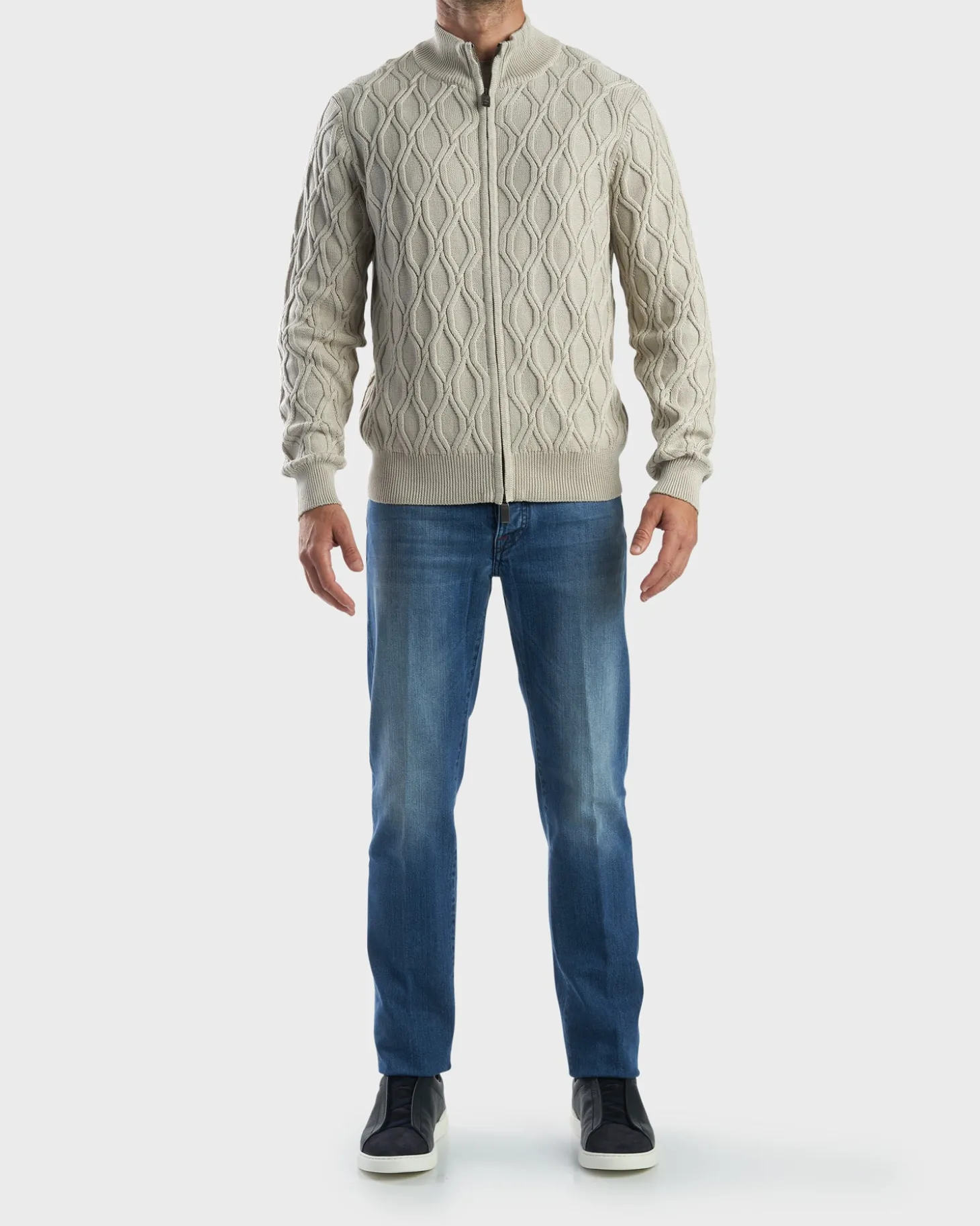 Beige Cotton Cable Knit Cardigan