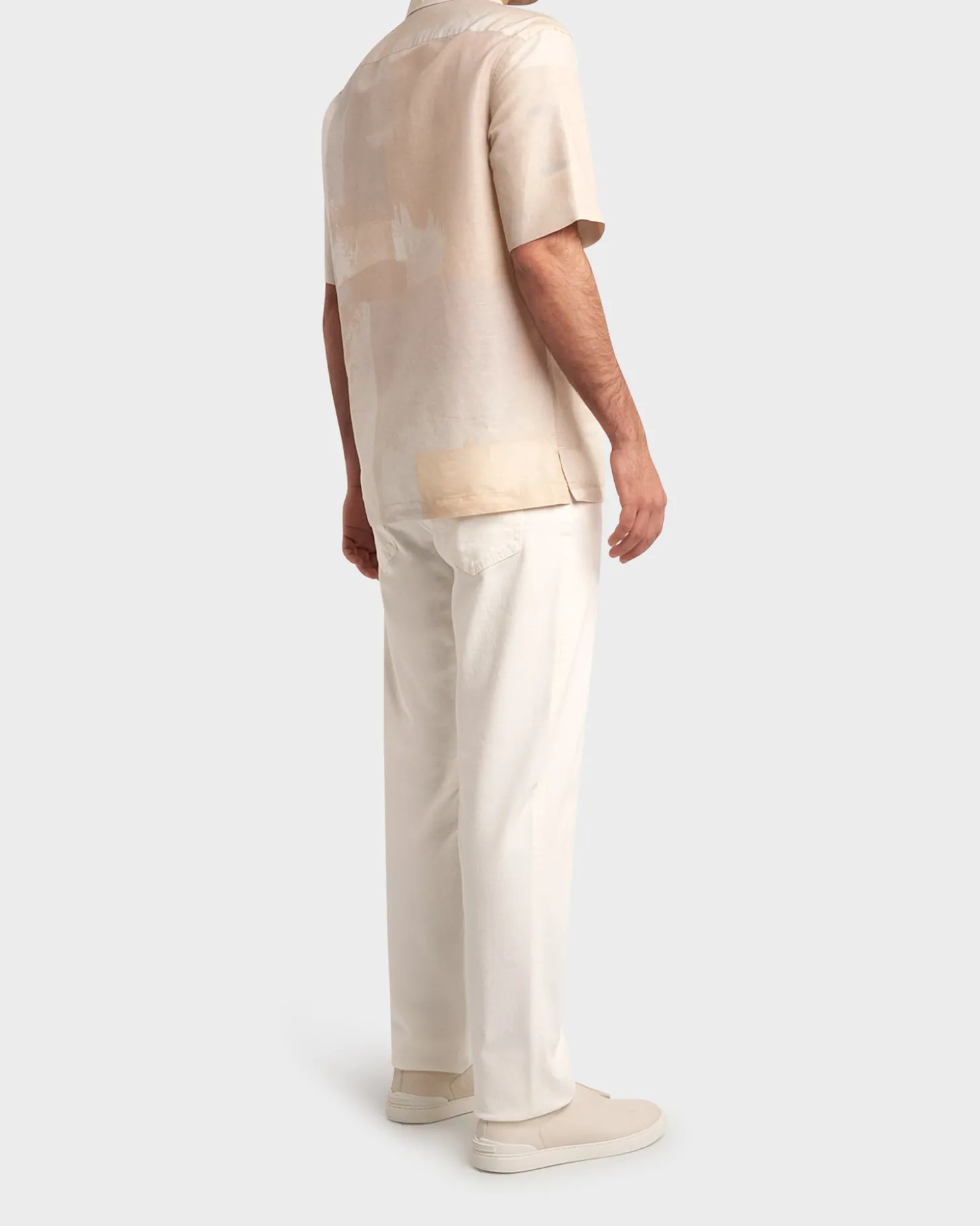 Beige Patterned Linen Short Sleeve Shirt