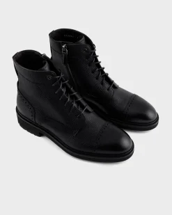 Black Grained Leather Arezzo Lace-Up Boots