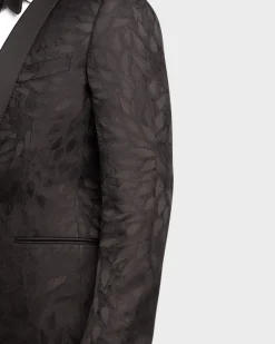 Black Silk Wool Shawl Collar Leaf Pattern Tuxedo Jacket
