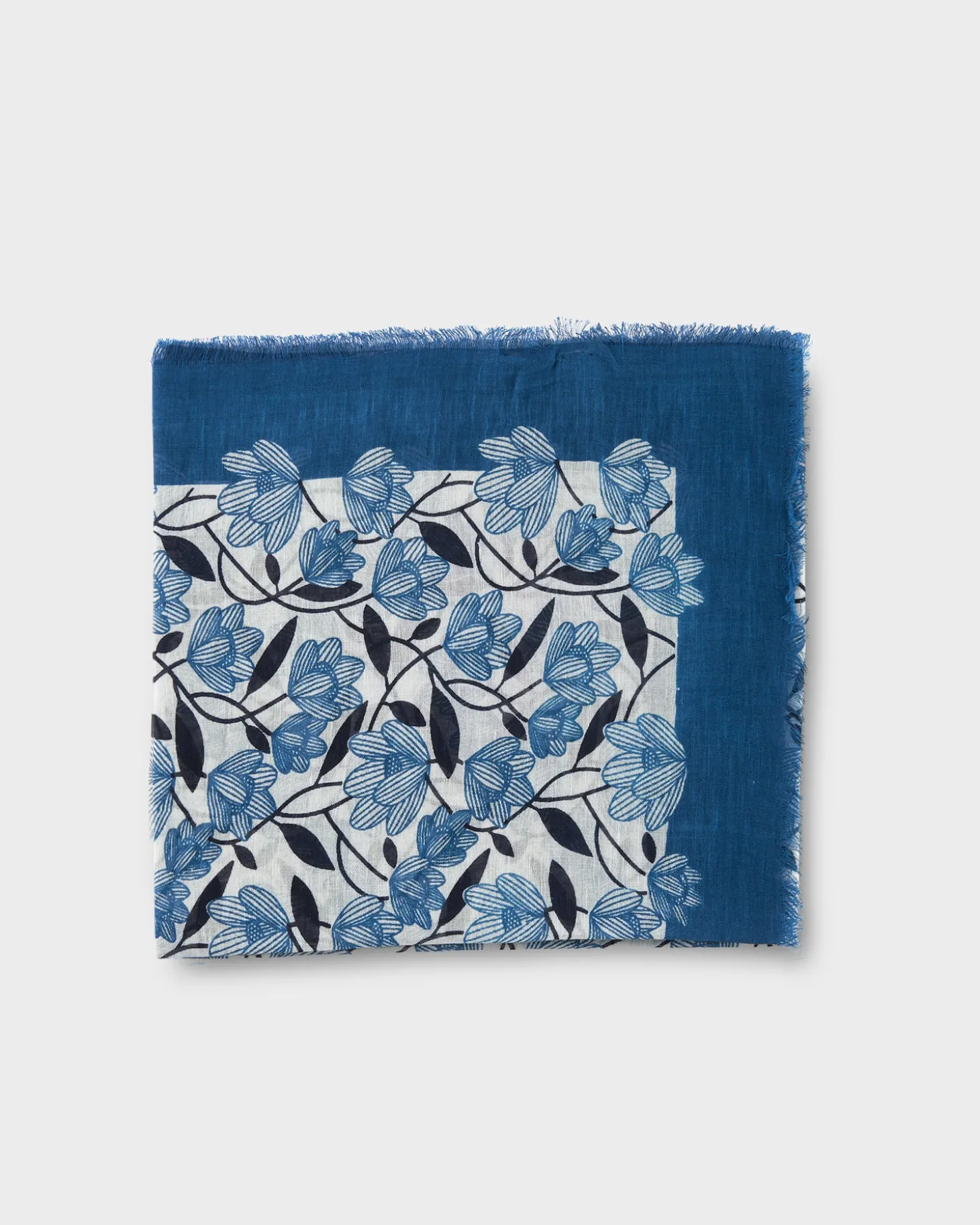 Blue Floral Linen Cotton Frayed Edge Scarf