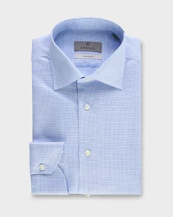 Blue Micro Houndstooth Cotton Linen Shirt
