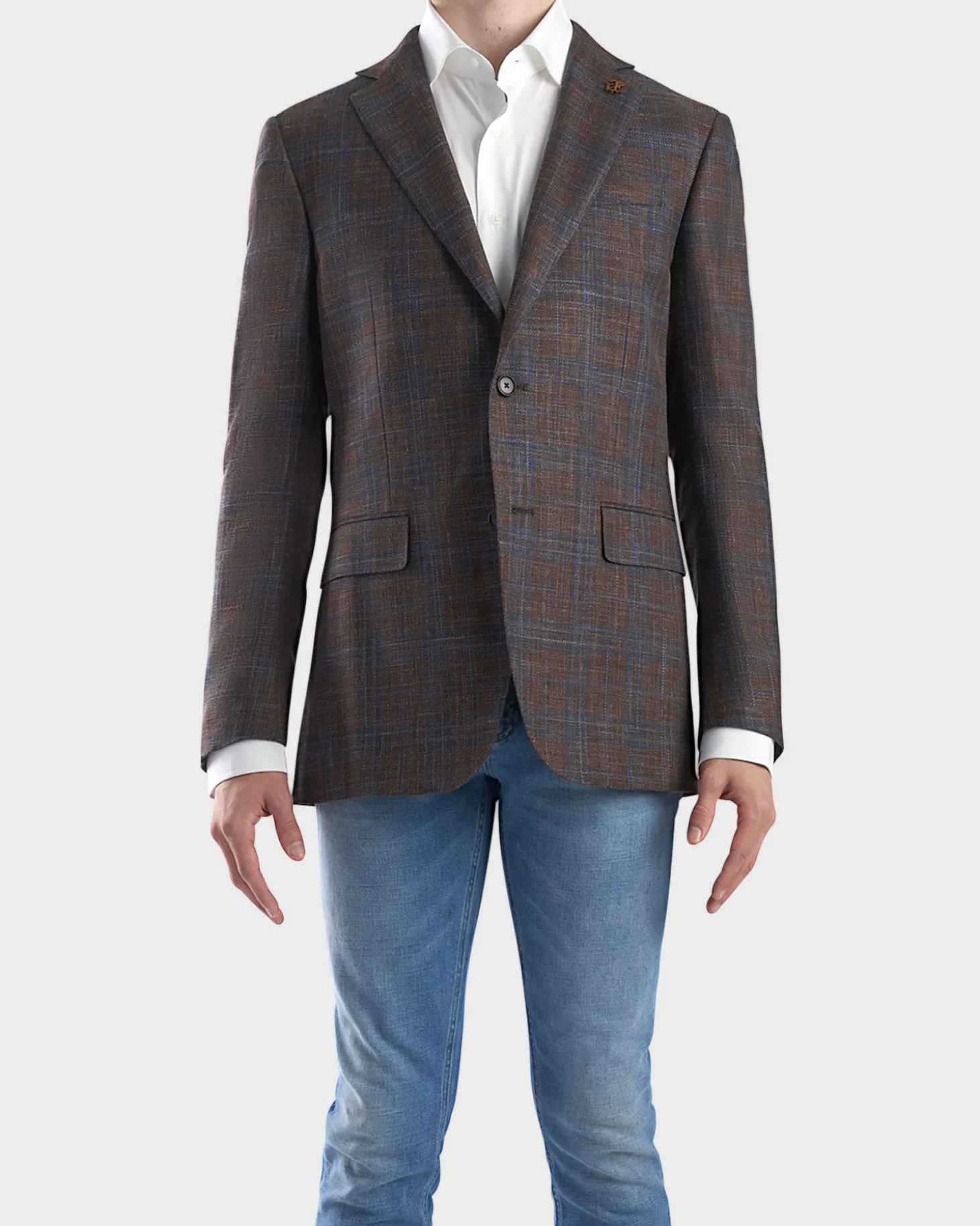 Brown With Blue Check Wool Silk Sports Jacket