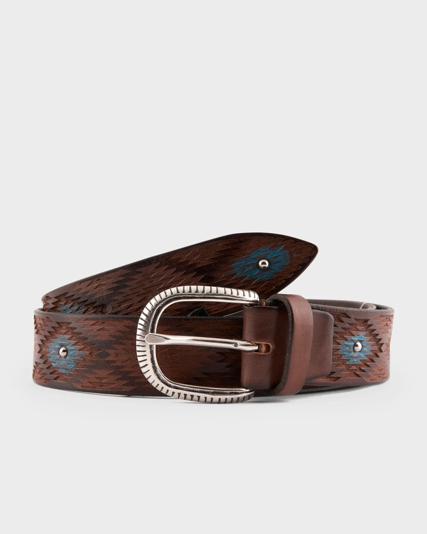 Brown With Turquoise Distressed Handpainted Leather Belt