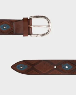 Brown With Turquoise Distressed Handpainted Leather Belt