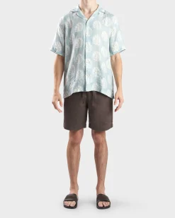 Cool Blue Roberto Botanical Leaf Print Linen Shirt