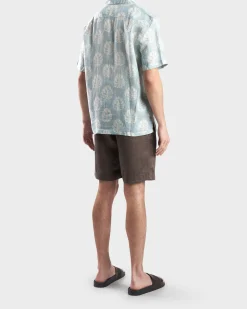 Cool Blue Roberto Botanical Leaf Print Linen Shirt