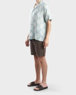 Cool Blue Roberto Linen Botanical Leaf Print Shirt