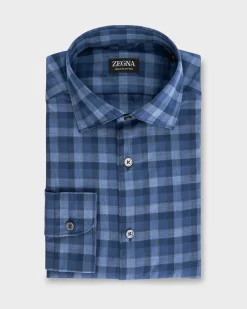 Dark Avio Blue And Light Blue Macro Check Cotton Shirt