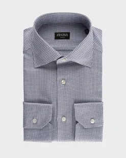 Dark Blue And White Micro Houndstooth Trofeo Cotton Shirt