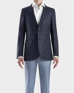 Dark Blue Check Milano Wool Silk Linen Sports Jacket