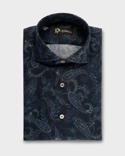Dark Blue Cotton Flannel Paisley Pattern Shirt