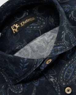 Dark Blue Cotton Flannel Paisley Pattern Shirt