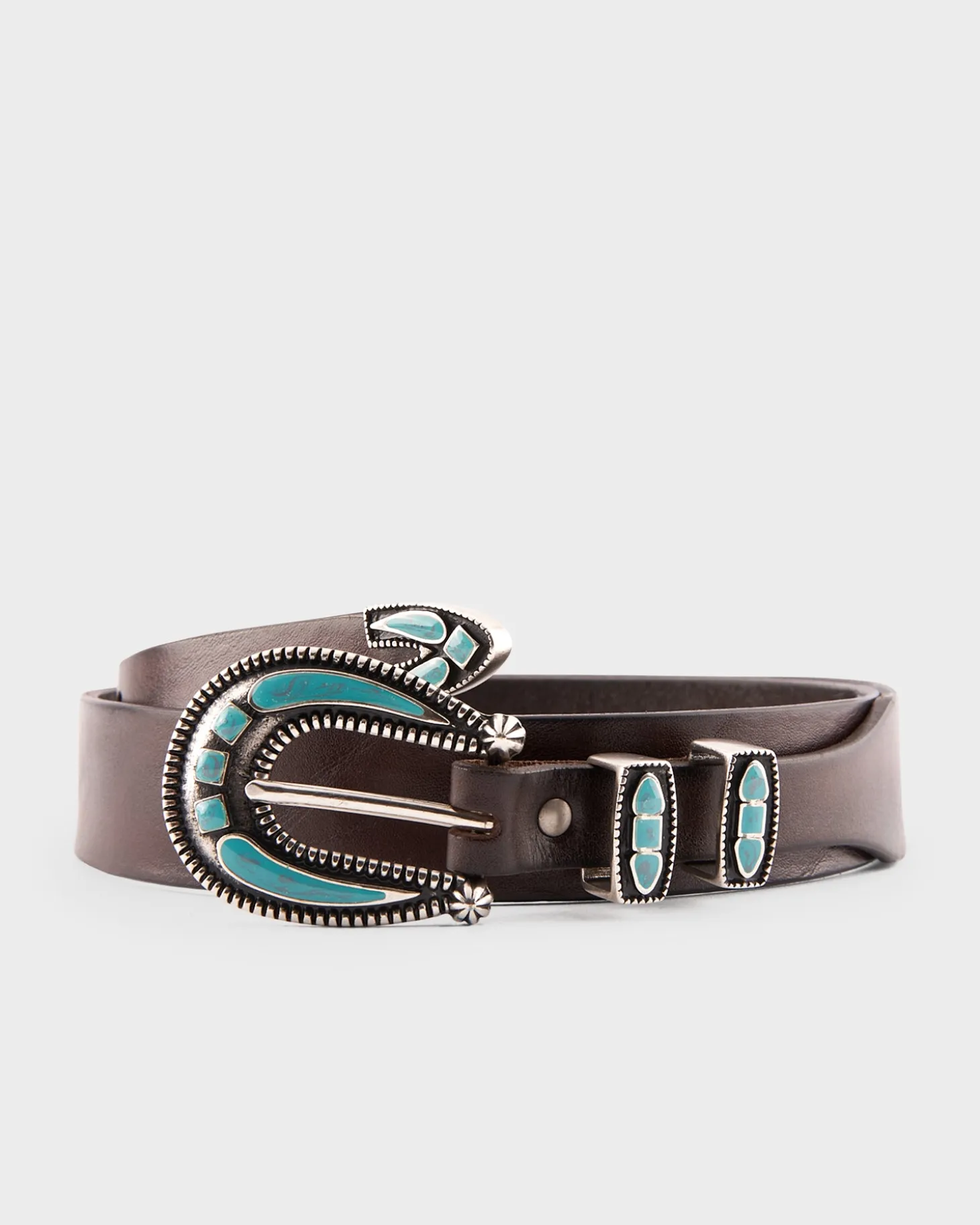 Dark Brown And Turquoise Distressed Leather Belt