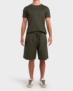 Dark Green Linen Stretch Crew Neck T-Shirt