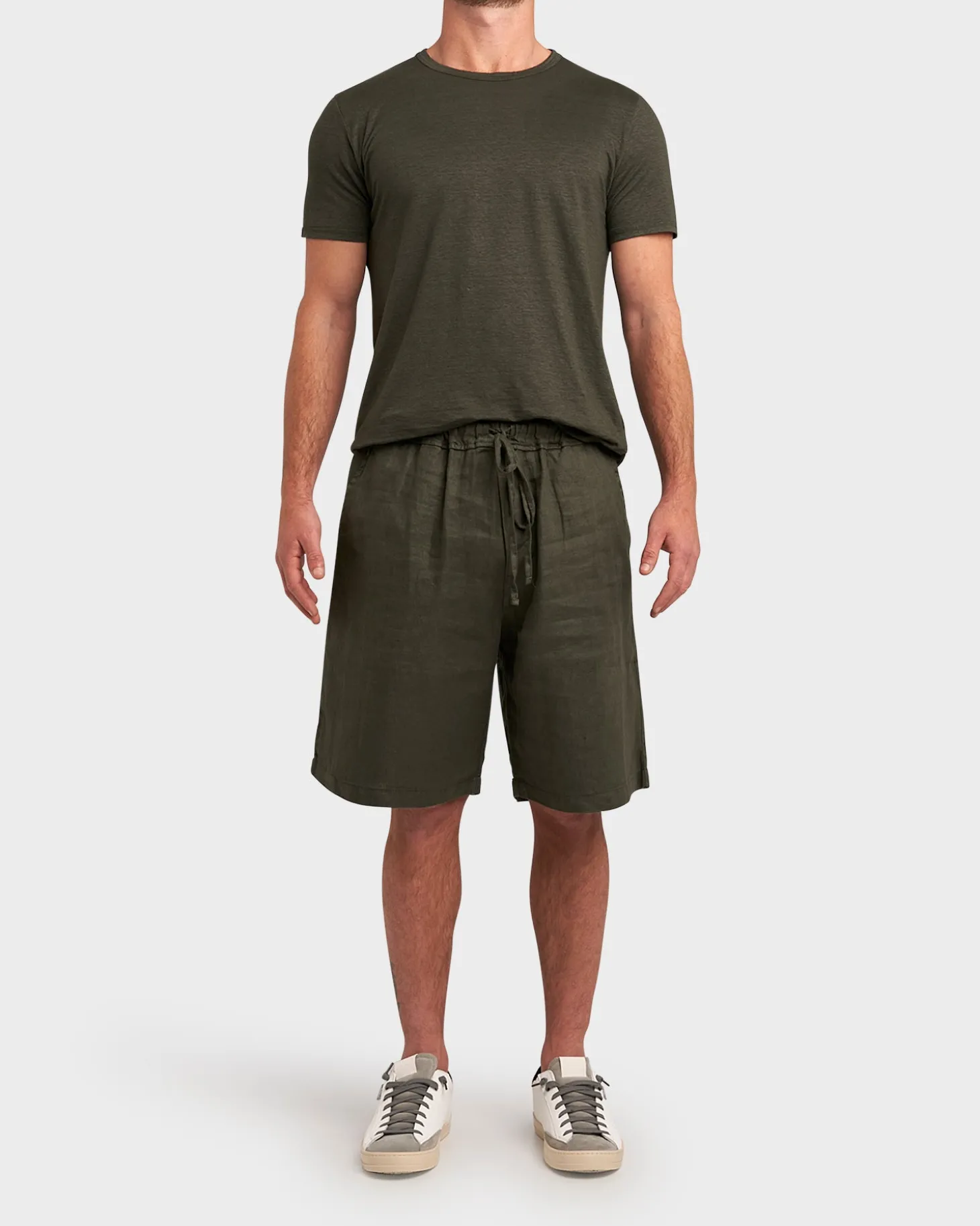 Dark Green Linen Stretch Crew Neck T-Shirt
