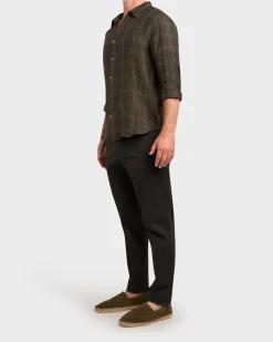 Dark Olive Green Check Linen Shirt