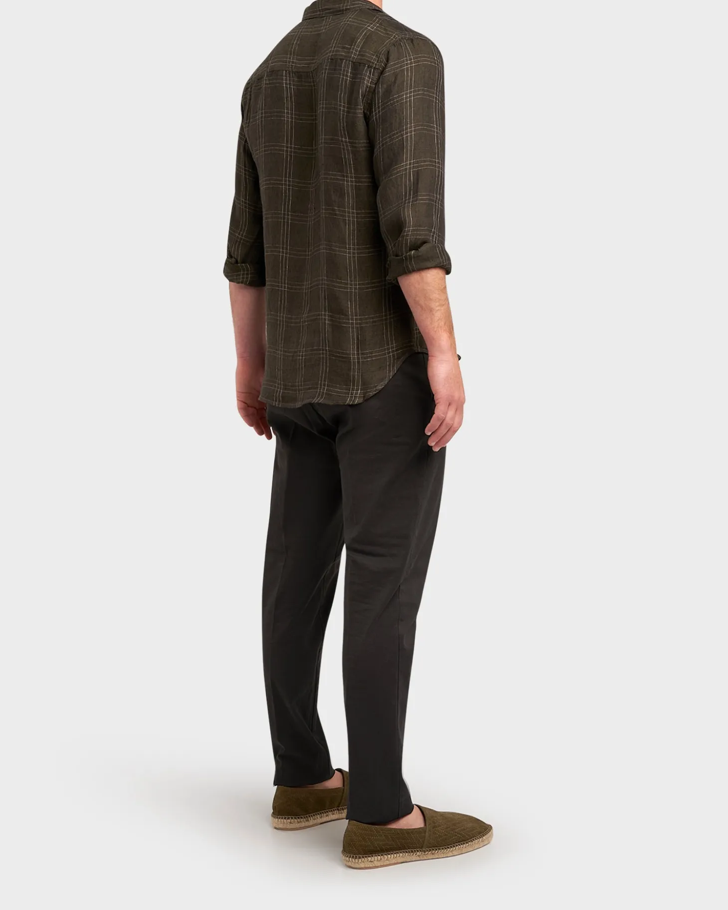 Dark Olive Green Check Linen Shirt