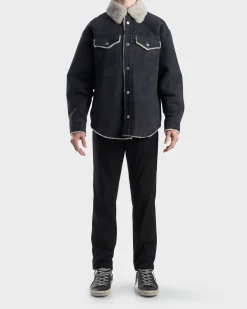Faded Black Oversize Shearling Shirt Jacket