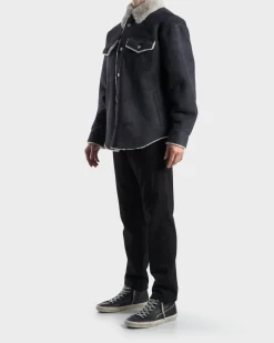 Faded Black Oversize Shearling Shirt Jacket