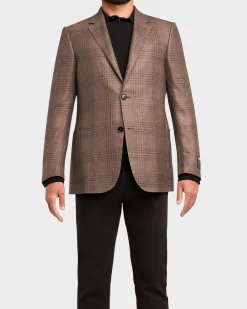 Grey Brown Charcoal Overcheck Cashmere Linen Silk Sports Jacket