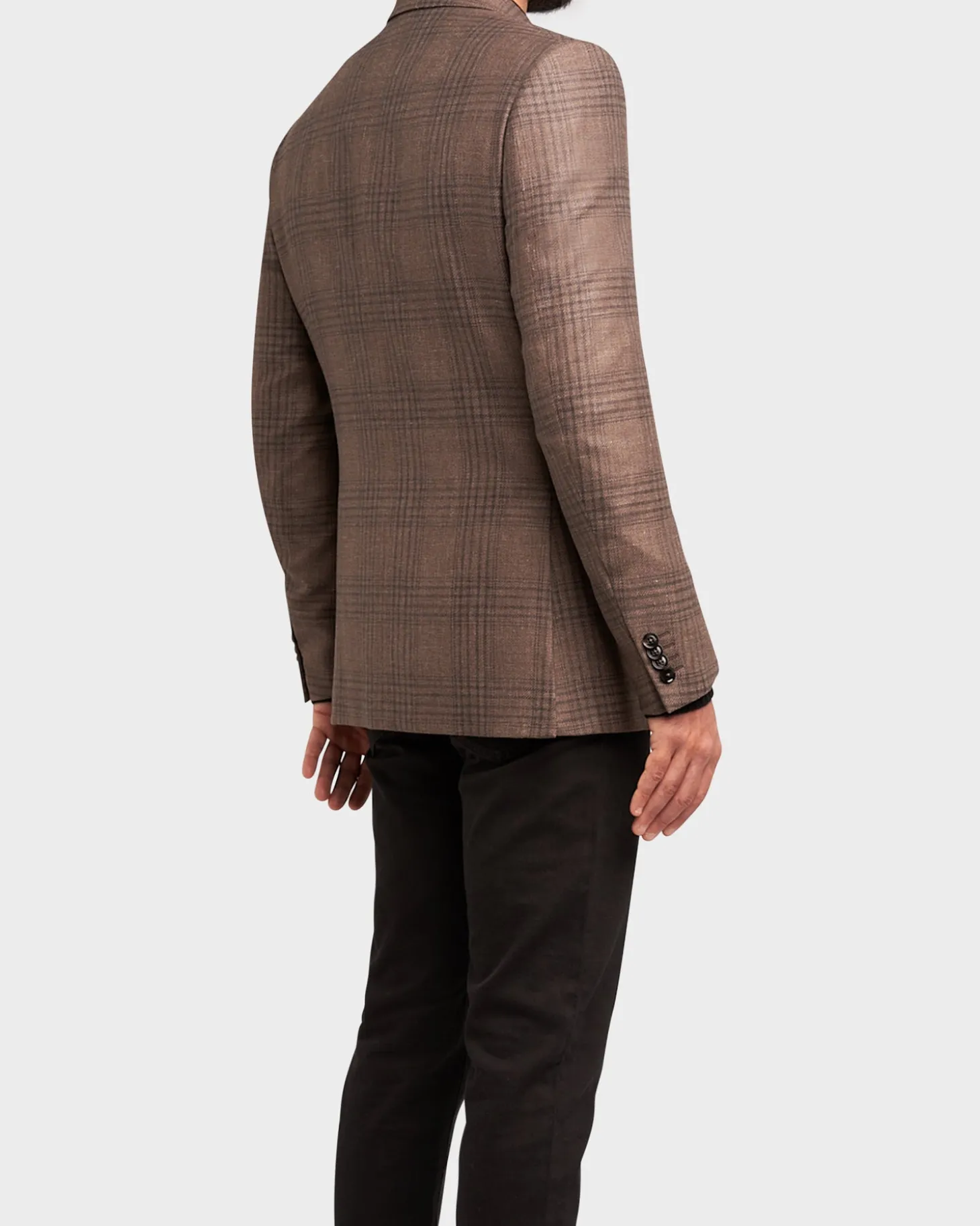 Grey Brown Charcoal Overcheck Cashmere Linen Silk Sports Jacket
