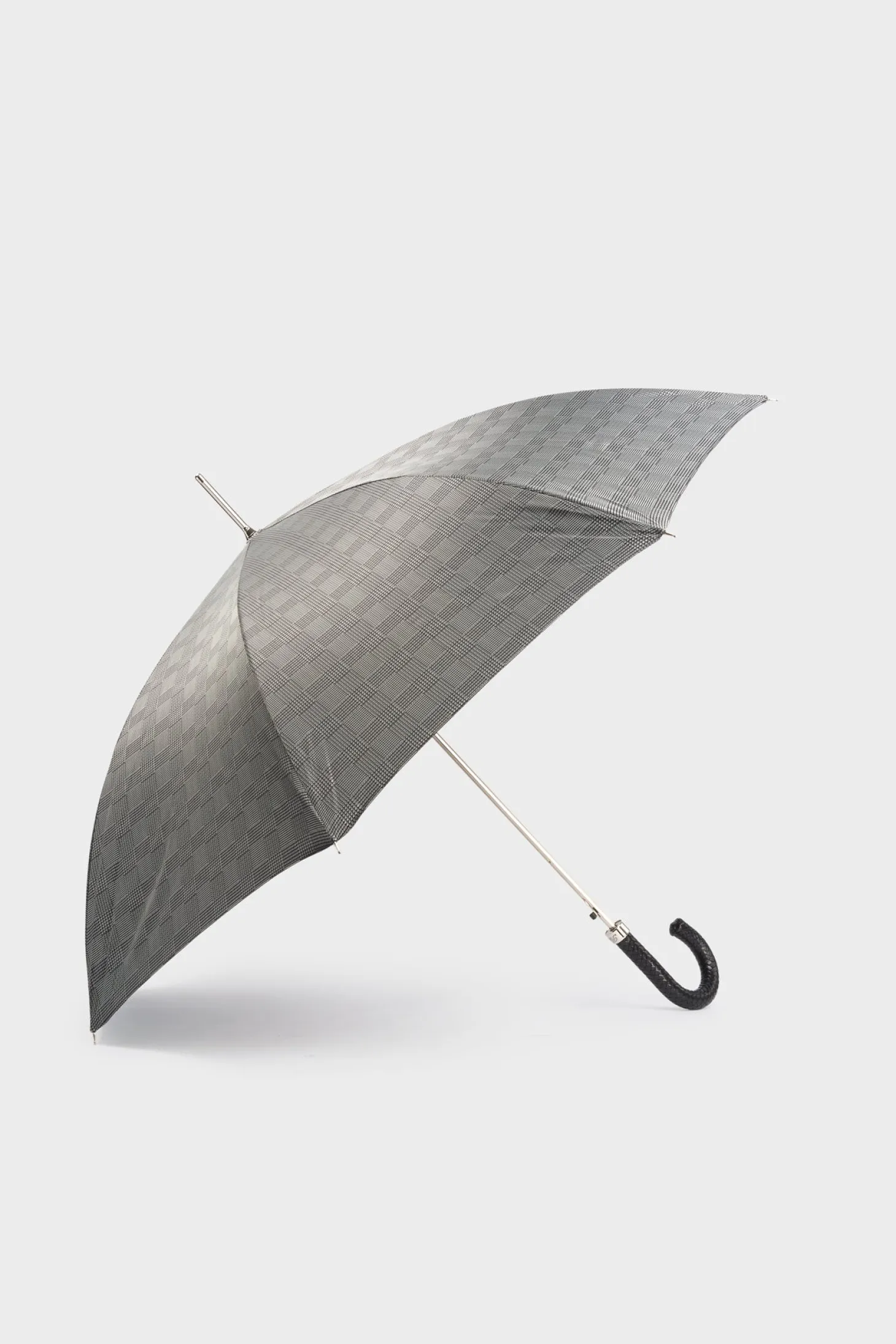 Grey Check Leather Handle Umbrella