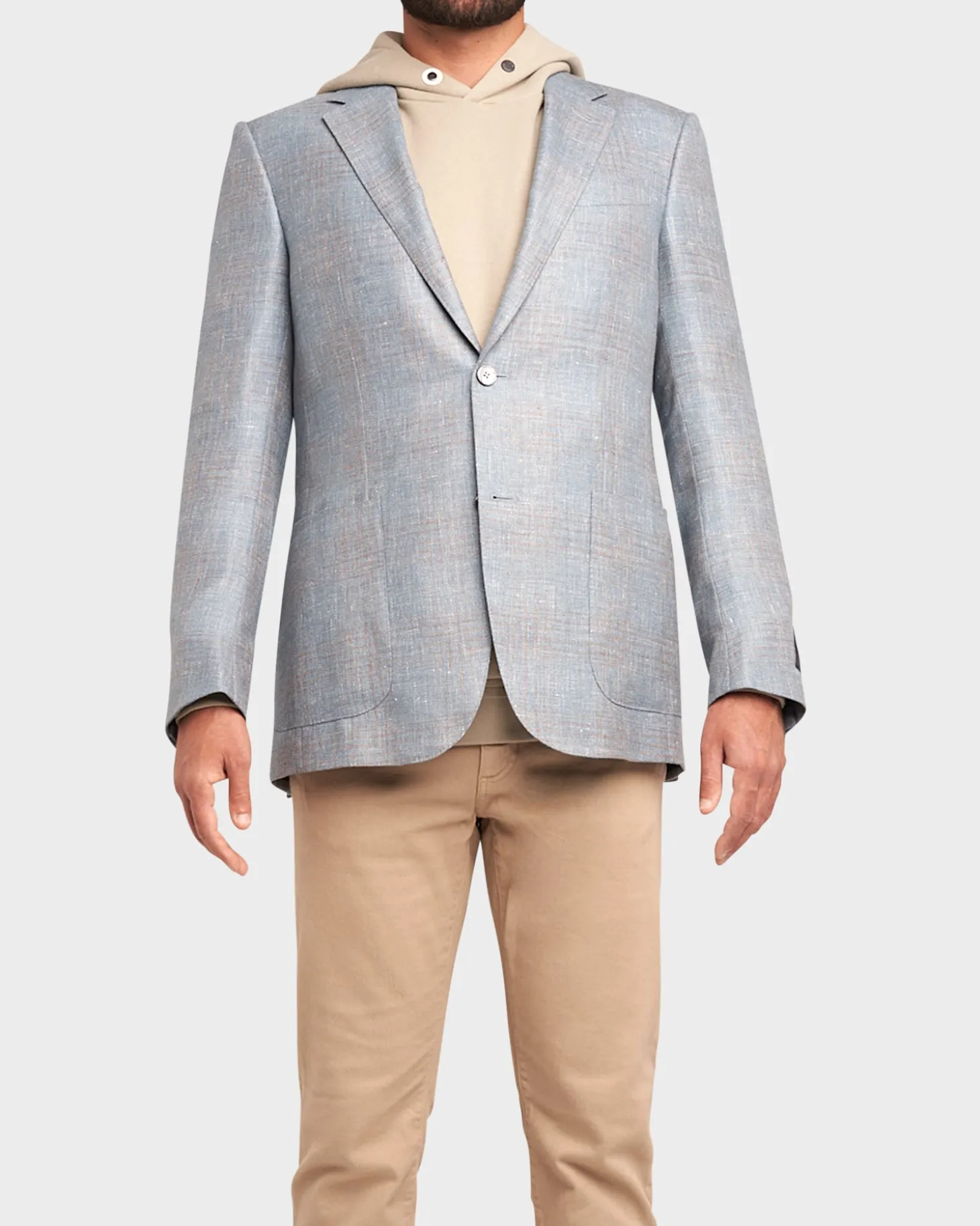 Light Blue Tan Overcheck Cashmere Linen Silk Sports Jacket