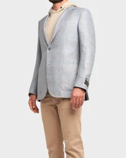 Light Blue Tan Overcheck Cashmere Linen Silk Sports Jacket