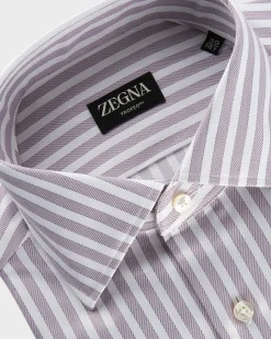 Mauve And White Solid Stripe Trofeo Cotton Twill Shirt