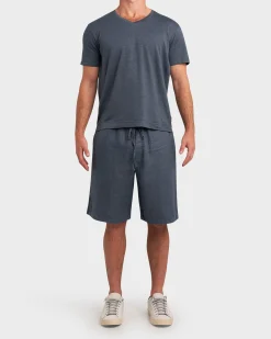 Mid Blue Linen Stretch V Neck T-Shirt