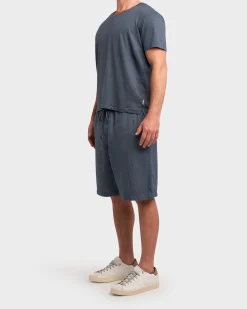 Mid Blue Linen Stretch V Neck T-Shirt