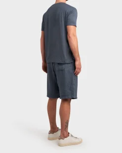 Mid Blue Linen Stretch V Neck T-Shirt