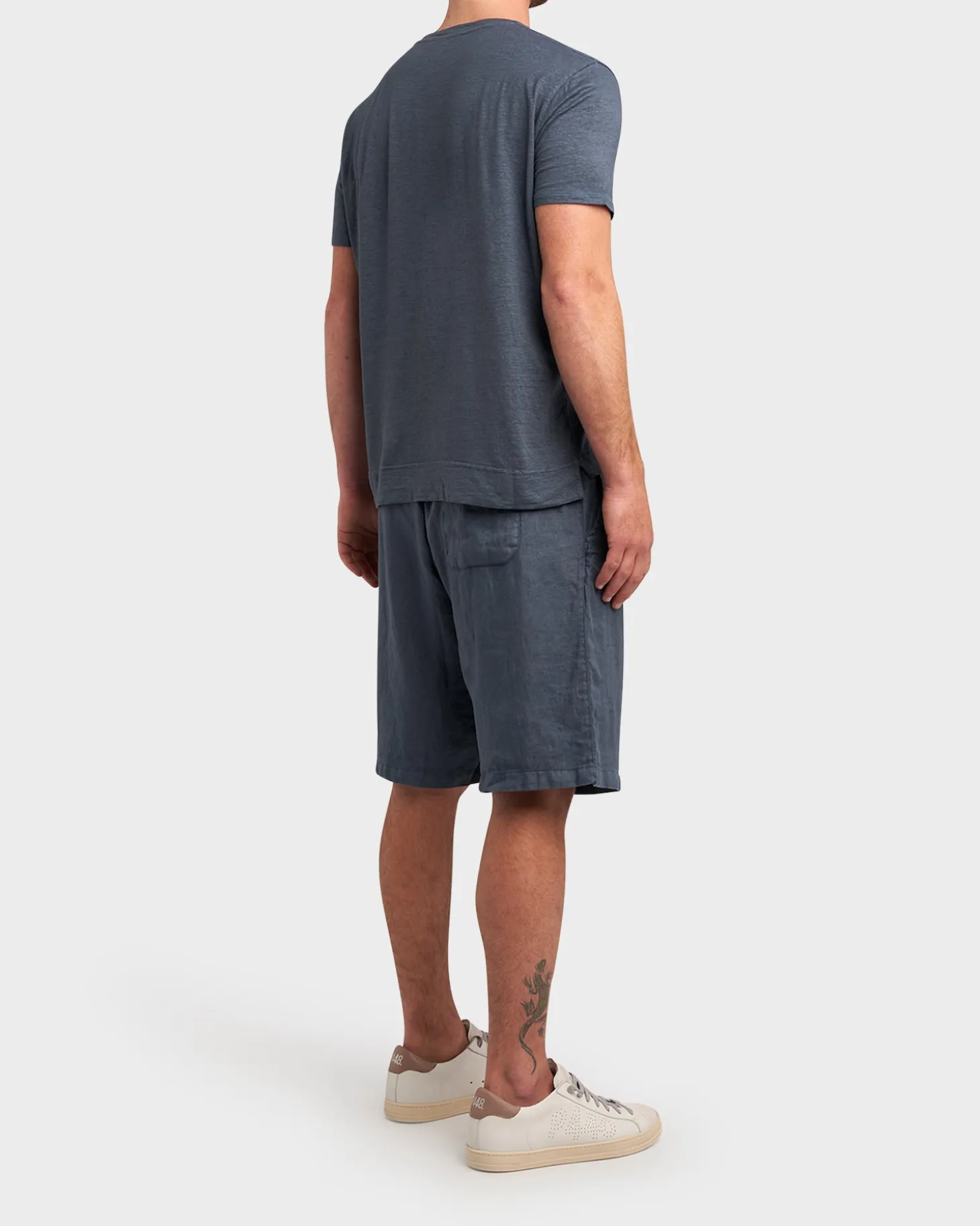 Mid Blue Linen Stretch V Neck T-Shirt