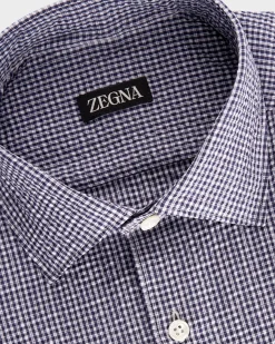 Navy And White Gingham Seersucker Cotton Shirt
