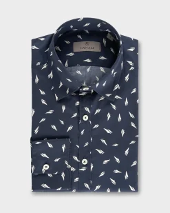 Navy And White Sailing Boat Pattern Cotton Shirt