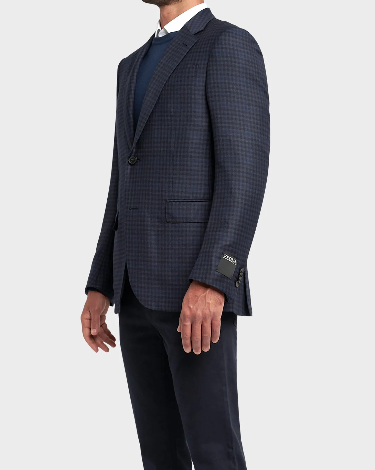 Navy Check Wool Silk Sports Jacket