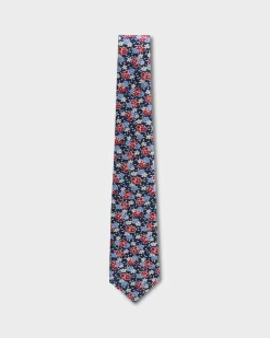 Navy With Red And White Flower Pattern Silk Tie