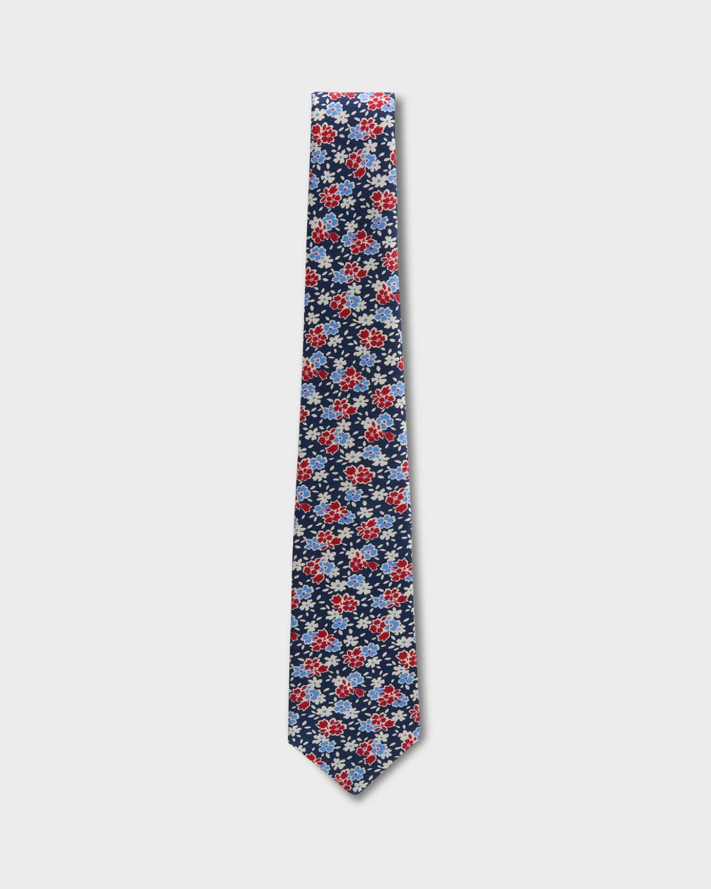 Navy With Red And White Flower Pattern Silk Tie