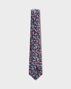 Navy With Red And White Flower Pattern Silk Tie