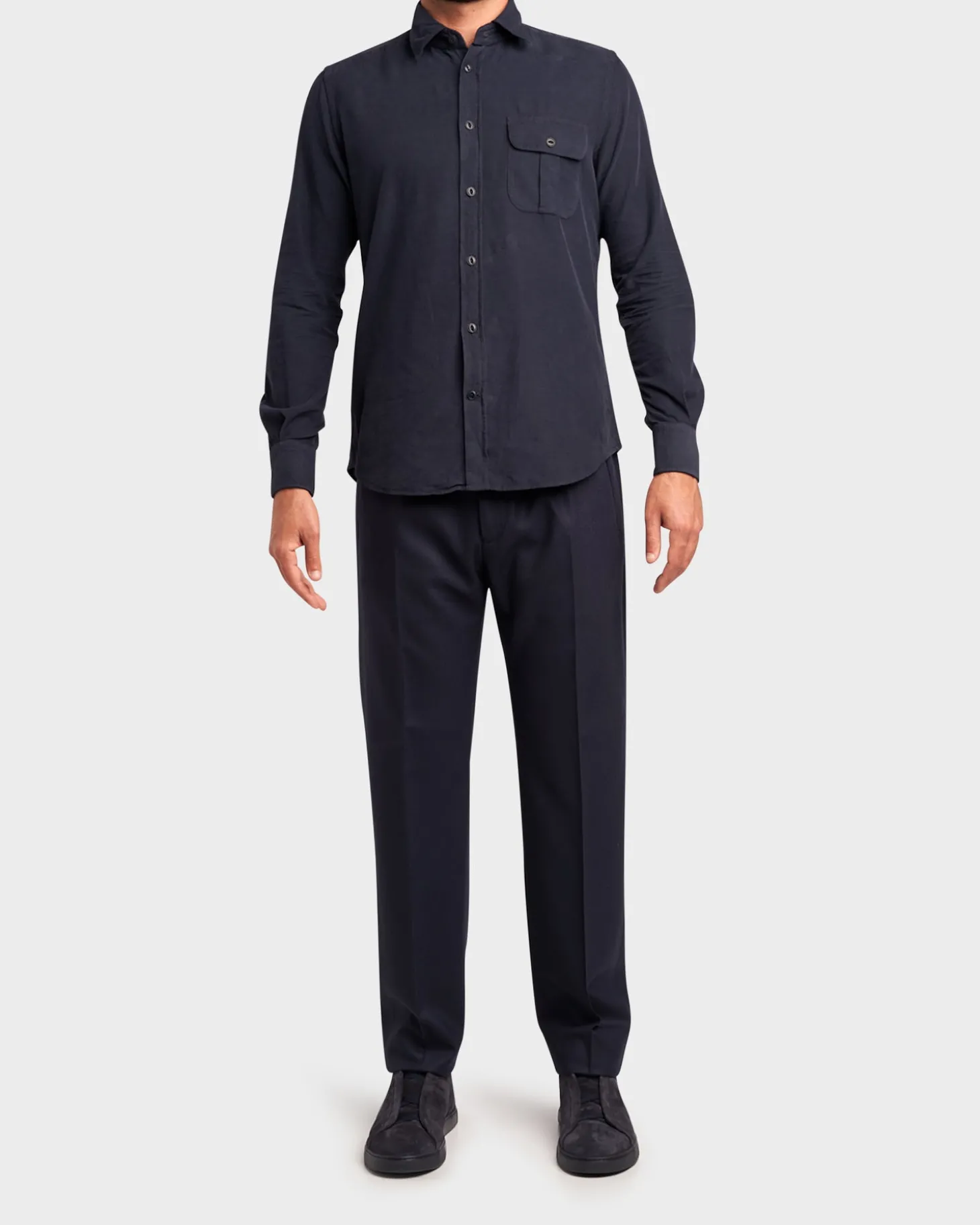 Navy Wool Carrot Fit Trousers