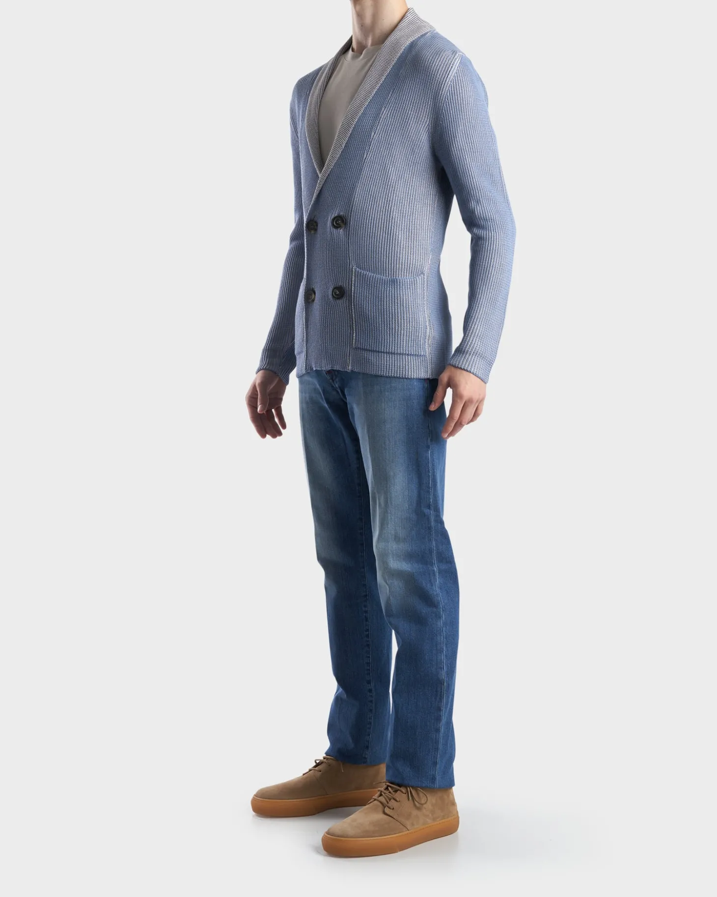 Powder Blue Viscose Cotton Double Breasted Cardigan