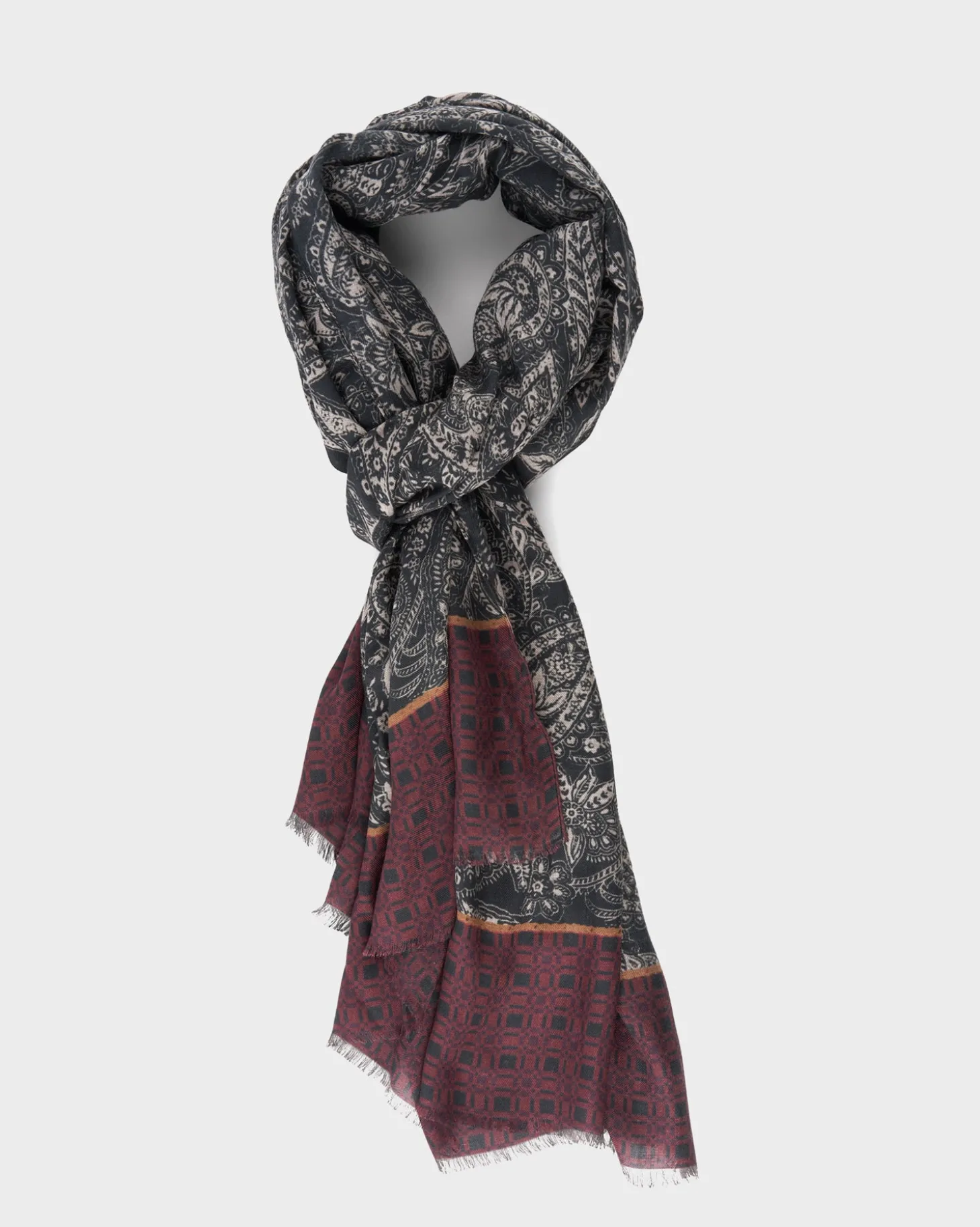 Steel Blue And Burgundy Paisley Print Modal Scarf