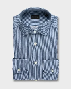 Teal And White Pinstripe Cotton Linen Milano Shirt