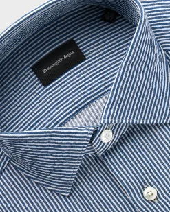 Teal And White Pinstripe Cotton Linen Milano Shirt