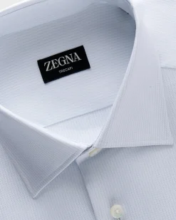 White With Light Blue Microtexture Trecapi Cotton Shirt